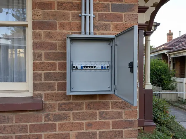 Exterior switchboard cabinet mounted on a brick house wall beside a window in Telarah